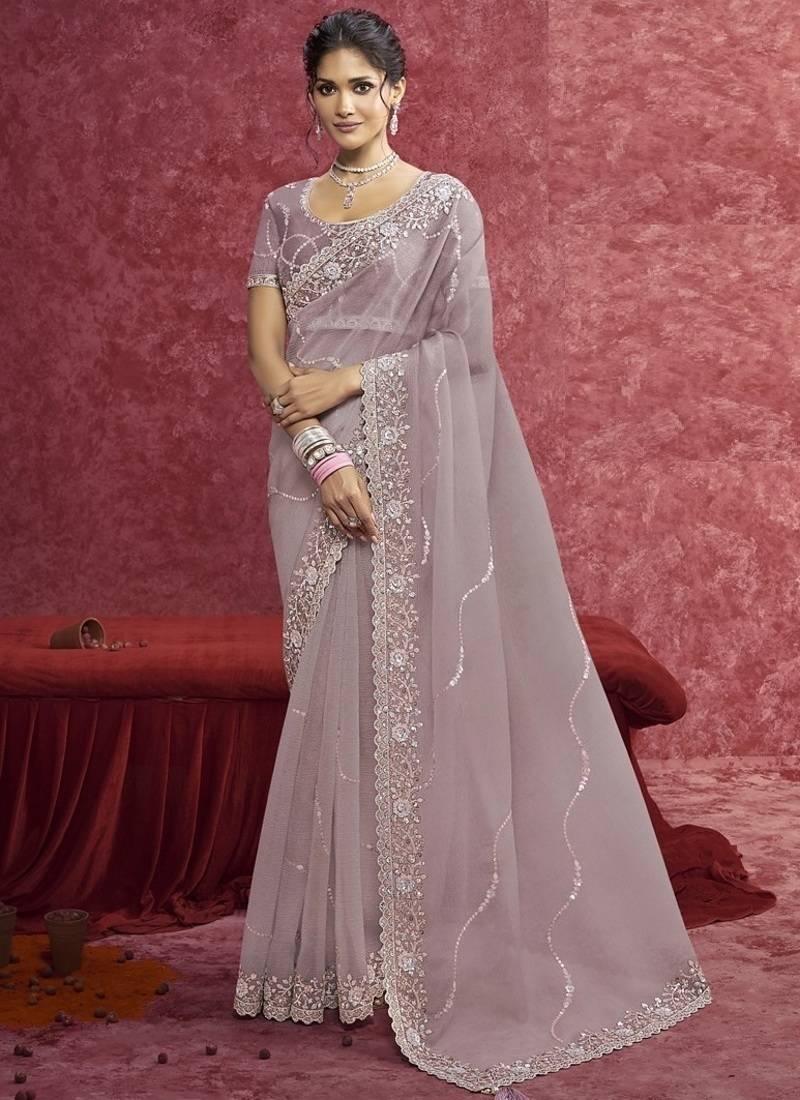 Mauve banarasi beauty heavy designer sequins  & cut work border saree