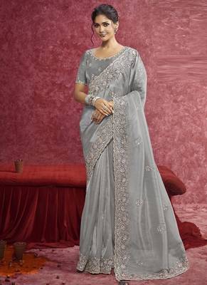 Gray siya silk heavy designer sequins  & cut work border saree 1