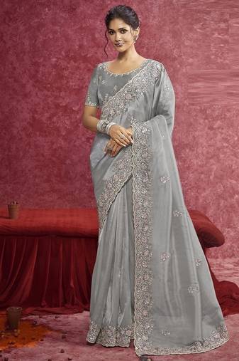 Gray siya silk heavy designer sequins  & cut work border saree
