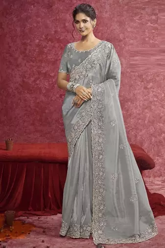 Gray siya silk heavy designer sequins  & cut work border saree