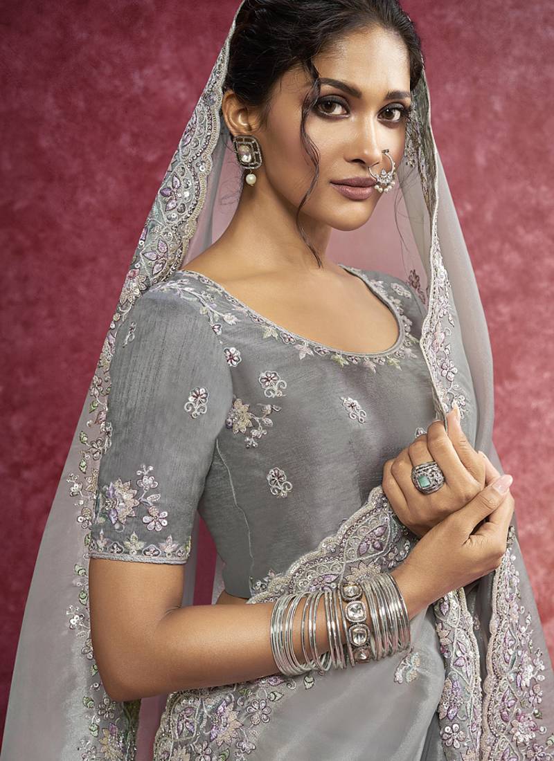 Gray siya silk heavy designer sequins  & cut work border saree