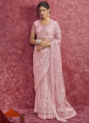 Baby pink net heavy designer sequins  & cut work border saree 1