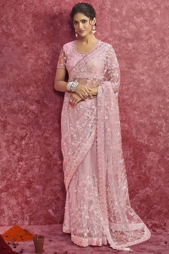 Baby pink net heavy designer sequins  & cut work border saree