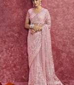 Baby pink net heavy designer sequins  & cut work border saree