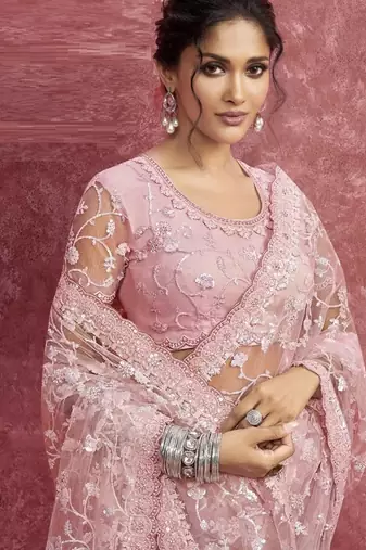 Baby pink net heavy designer sequins  & cut work border saree