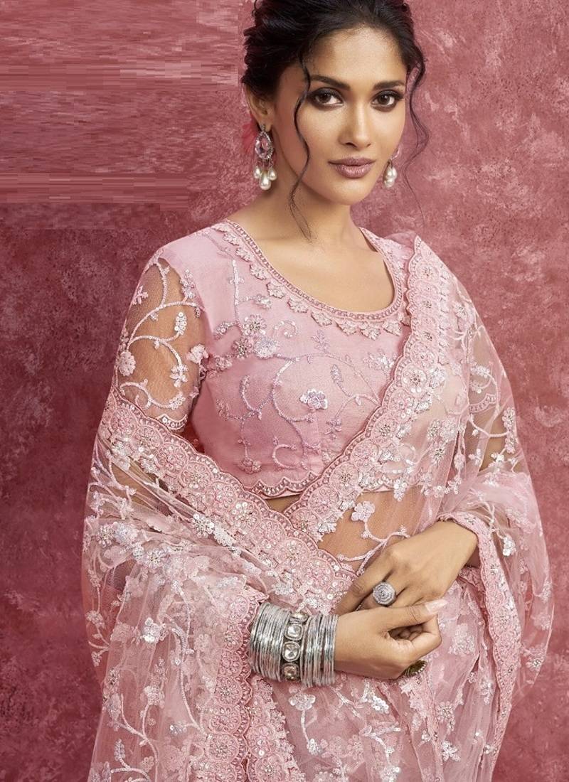 Baby pink net heavy designer sequins  & cut work border saree