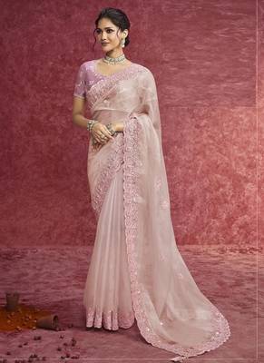 Pestel pink pure weave heavy designer sequins  & cut work border saree 1