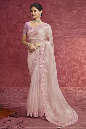 Pestel pink pure weave heavy designer sequins  & cut work border saree