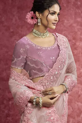 Pestel pink pure weave heavy designer sequins  & cut work border saree