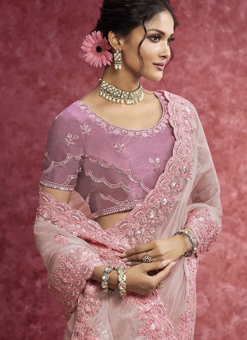 Pestel pink pure weave heavy designer sequins  & cut work border saree
