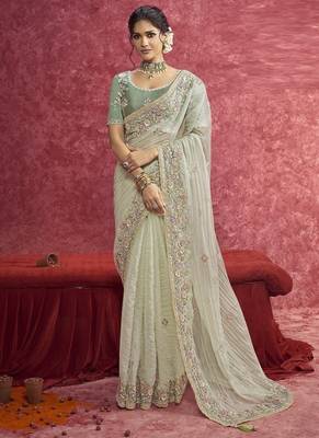Pista pure weave heavy designer sequins  & cut work border saree 1