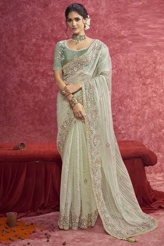 Pista pure weave heavy designer sequins  & cut work border saree