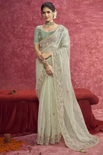 Pista pure weave heavy designer sequins  & cut work border saree