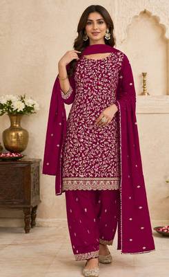 Red embroidered georgette semi-stitched pakistani salwar suit 1