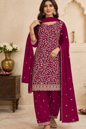 Red embroidered georgette semi-stitched pakistani salwar suit