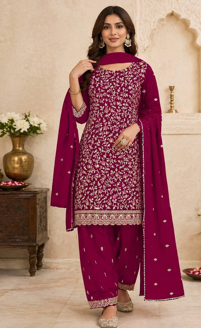 Red embroidered georgette semi-stitched pakistani salwar suit