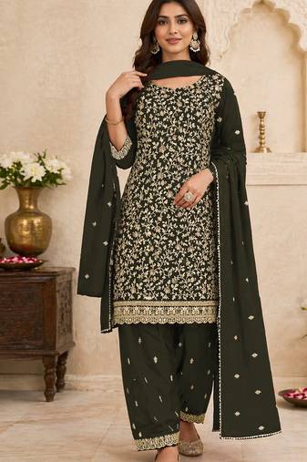 Green embroidered georgette semi-stitched pakistani salwar suit