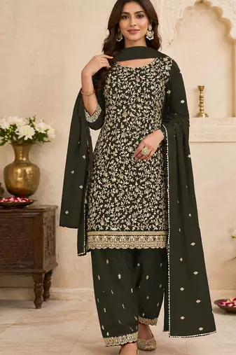 Green embroidered georgette semi-stitched pakistani salwar suit