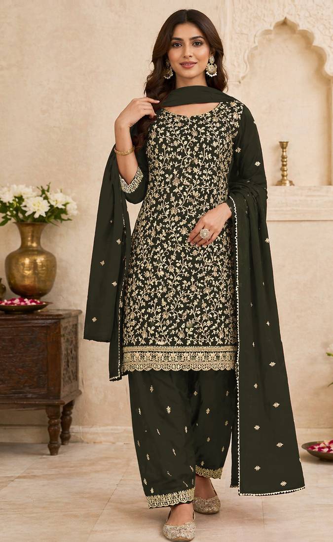 Green embroidered georgette semi-stitched pakistani salwar suit