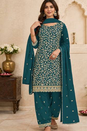 Teal blue embroidered georgette semi-stitched pakistani salwar suit