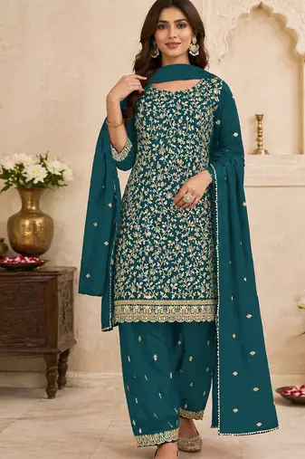 Teal blue embroidered georgette semi-stitched pakistani salwar suit