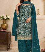 Teal blue embroidered georgette semi-stitched pakistani salwar suit