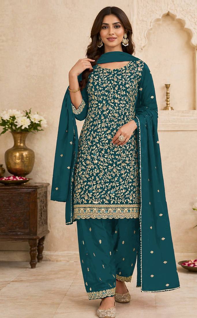 Teal blue embroidered georgette semi-stitched pakistani salwar suit
