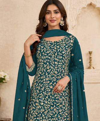 Teal blue embroidered georgette semi-stitched pakistani salwar suit 2