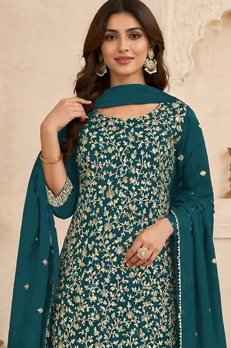 Teal blue embroidered georgette semi-stitched pakistani salwar suit