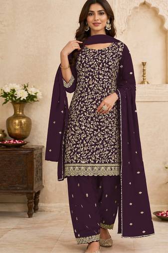 Purple embroidered georgette semi-stitched pakistani salwar suit