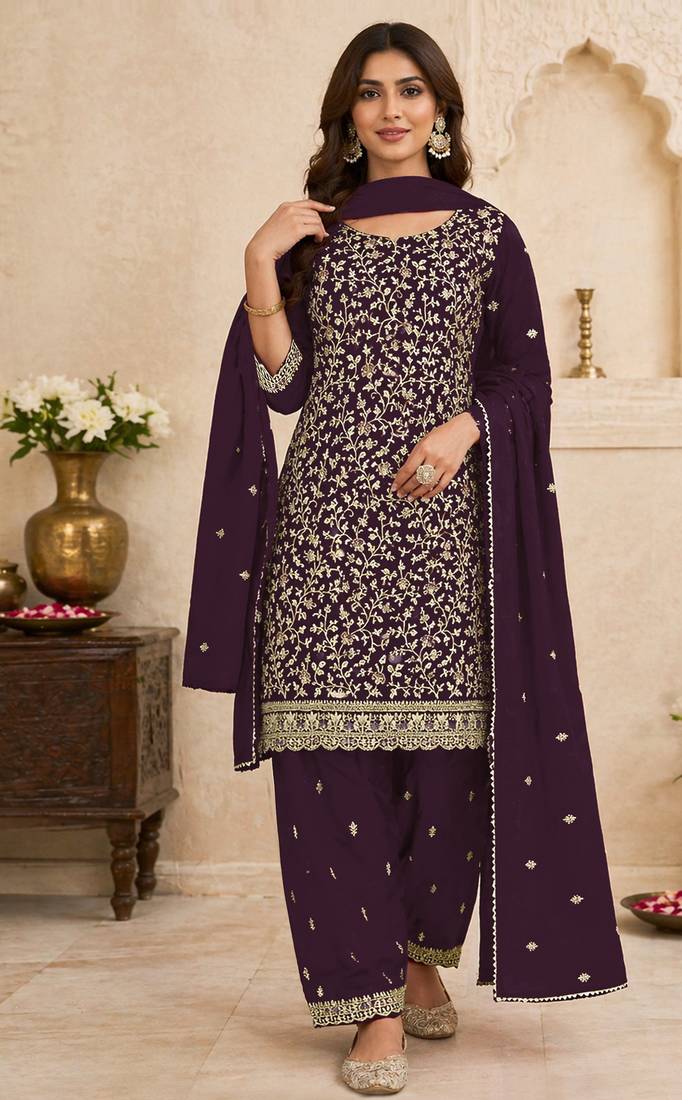 Purple embroidered georgette semi-stitched pakistani salwar suit