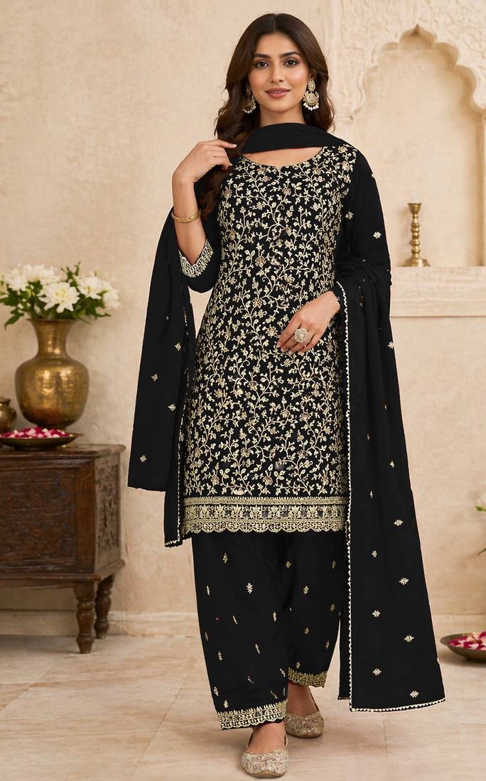 Black embroidered georgette semi-stitched pakistani salwar suit