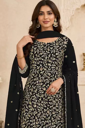 Black embroidered georgette semi-stitched pakistani salwar suit