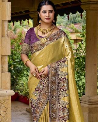 Gold purple silk blend embroidered party wear sarees 2
