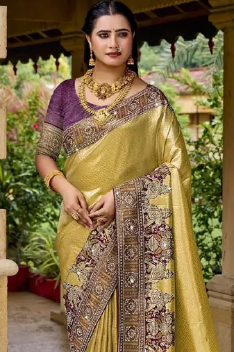 Gold purple silk blend embroidered party wear sarees