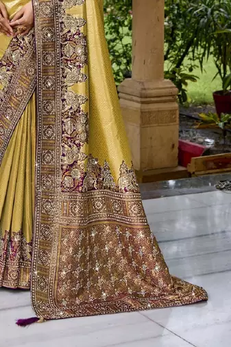 Gold purple silk blend embroidered party wear sarees
