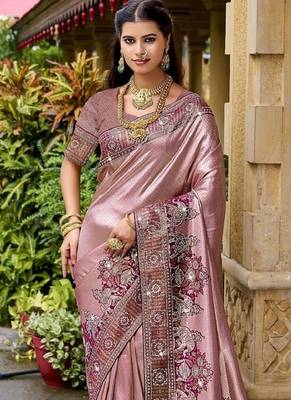 Pink silk blend embroidered party wear Saree with blouse  2