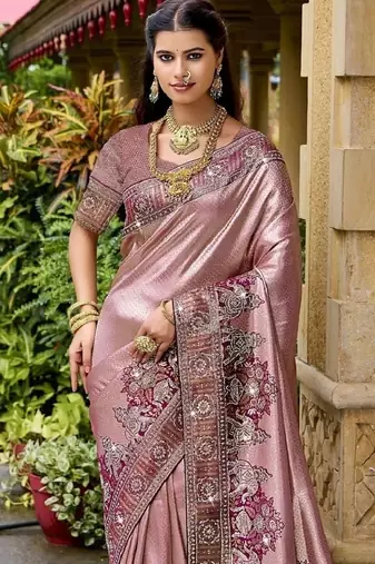 Pink silk blend embroidered party wear Saree with blouse 