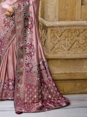 Pink silk blend embroidered party wear Saree with blouse  3