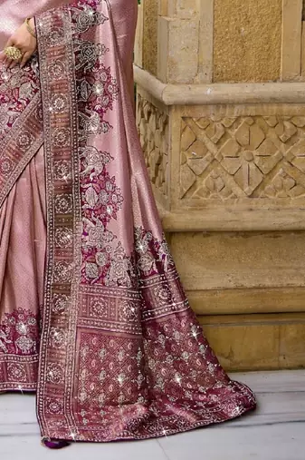 Pink silk blend embroidered party wear Saree with blouse 
