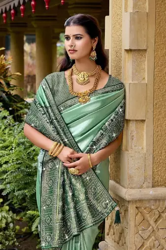 Green silk blend embroidered party wear Saree with blouse 