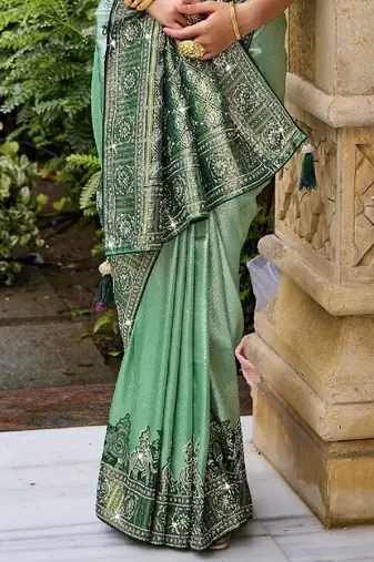 Green silk blend embroidered party wear Saree with blouse 