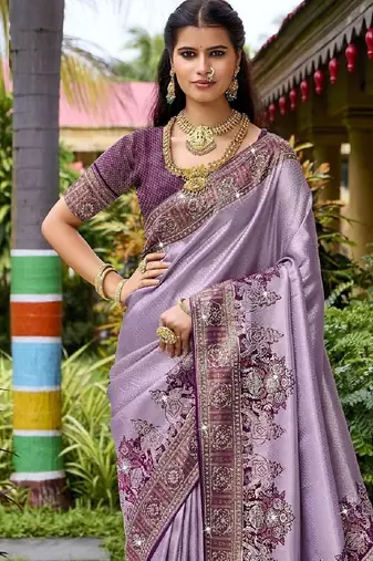 Lavender silk blend embroidered party wear Saree with blouse 