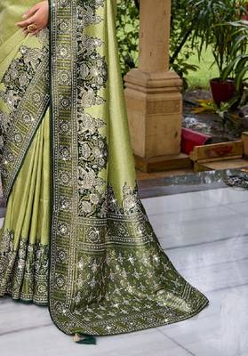 Pista green silk blend embroidered party wear Saree with blouse  3
