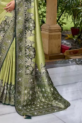 Pista green silk blend embroidered party wear Saree with blouse 
