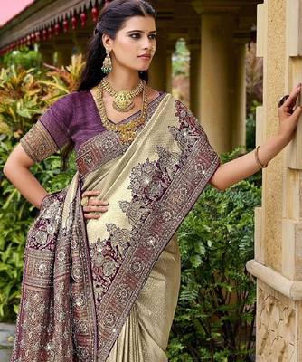 Cream purple silk blend embroidered party wear Saree with blouse  2