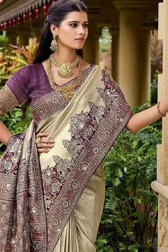 Cream purple silk blend embroidered party wear Saree with blouse 