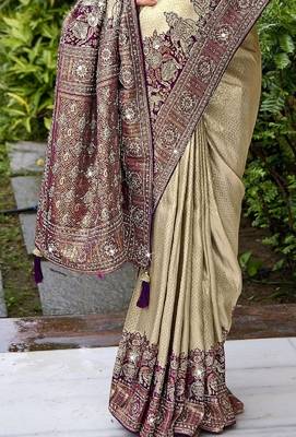 Cream purple silk blend embroidered party wear Saree with blouse  3