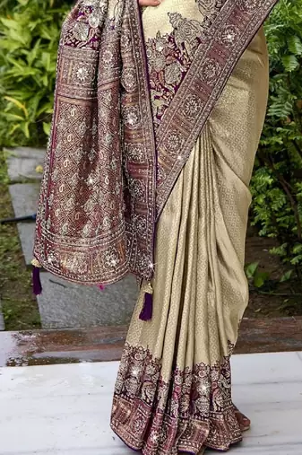 Cream purple silk blend embroidered party wear Saree with blouse 