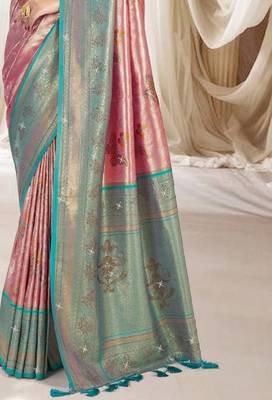 Pink blue silk blend embroidered kanchipuram silk blend Saree with blouse  3
